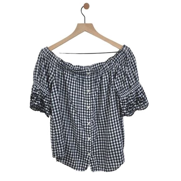Gap Checkered off Shoulder Blouse with Elbow Length Sleeves Black & White Small - Picture 1 of 8